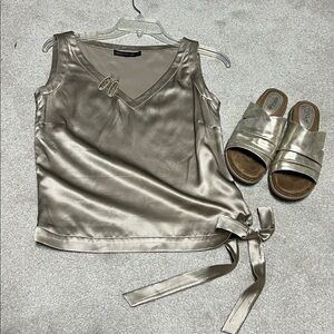 Lafayette 148 New York Gold Silk Side-tie Sleeveless Blouse